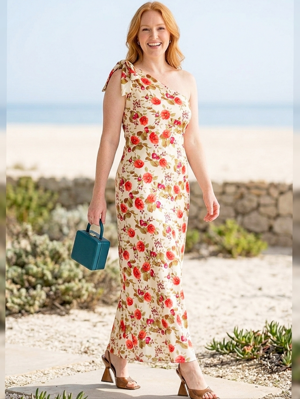 Chelsea28 One Shoulder Slip On Floral Maxi Dress Cream Red Berries Side Slit Lrg
